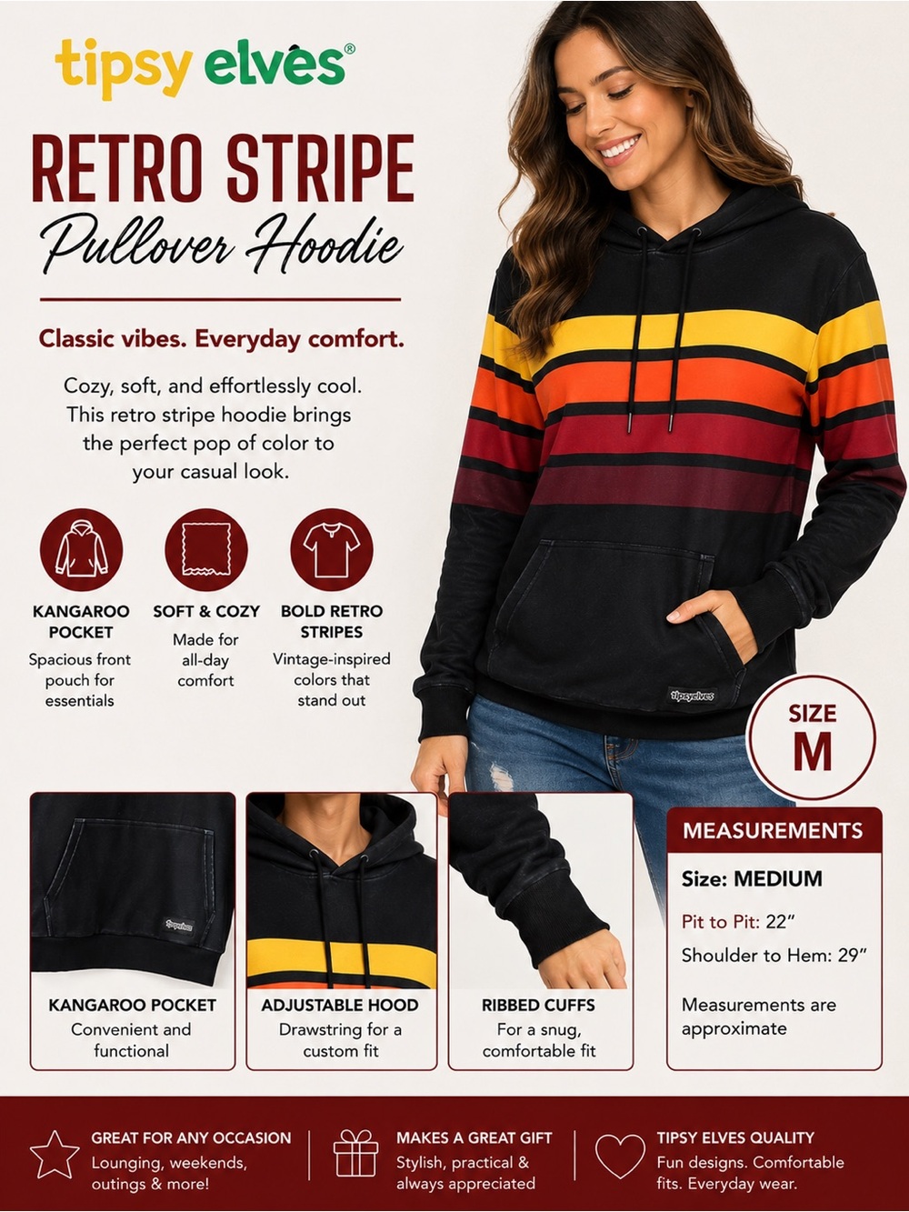 Tipsy Elves Black Hoodie with Yellow, Orange & Burgundy Stripes